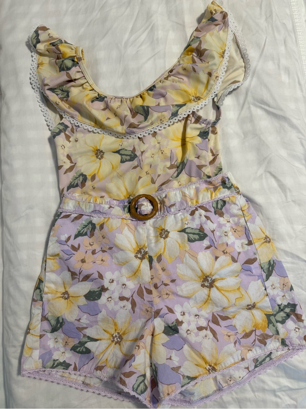Janie and Jack Yellow, Lavender & Cream Floral Ruffle Swimsuit & Matching Shorts